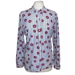 Robert Friedman White Blue Floral Striped Mandarin Collar Button Down Blouse M